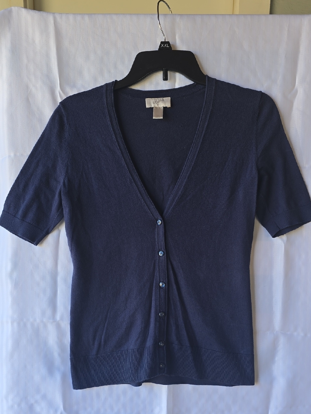Loft Navy Short-Sleeve V-Neck Button Cardigan Sweater